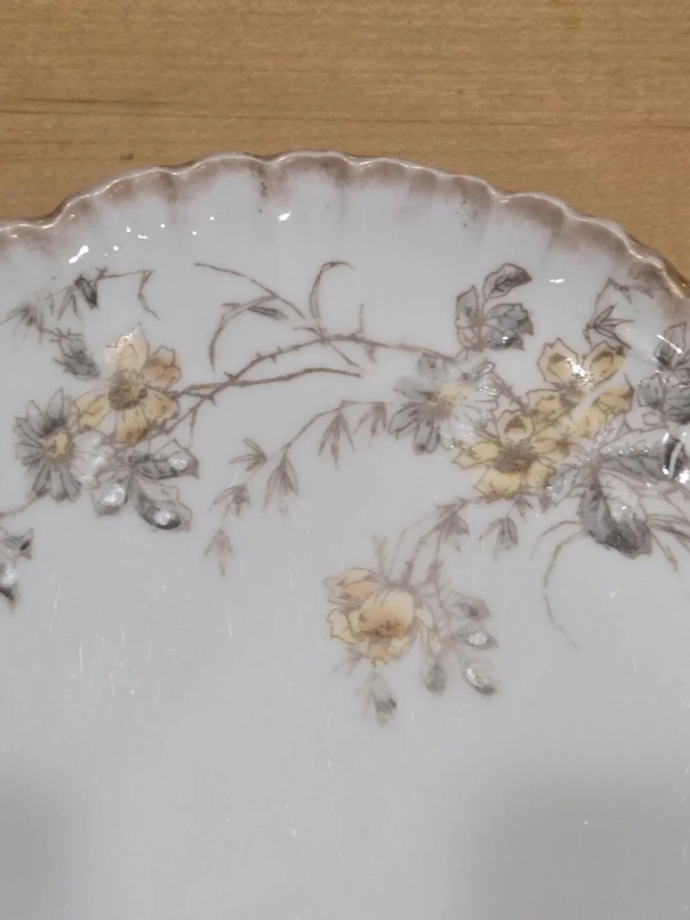 Antique CFH GDM Limoges France Yellow Floral Scalloped Gilt Porcelain Dinner Pla